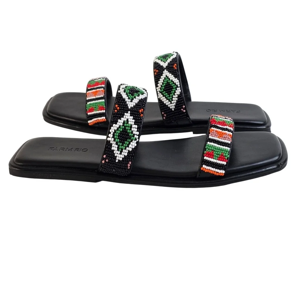 Farm‎ Rio Beaded Square Toe Slide Sandals Womens 10 Black Boho Tropical Resort
